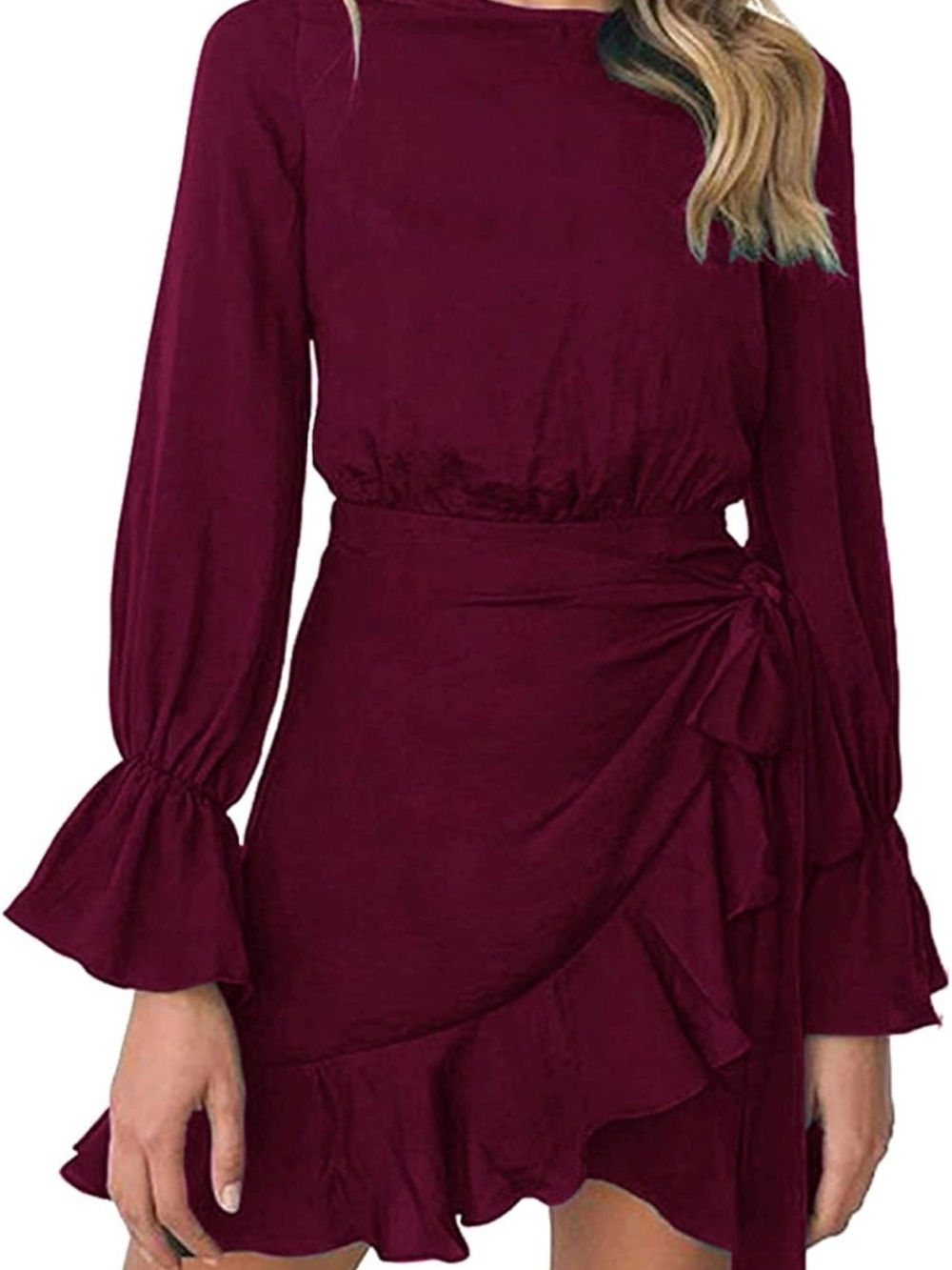Women’s Long Sleeve Ruffle Wrap Dress - Burgundy